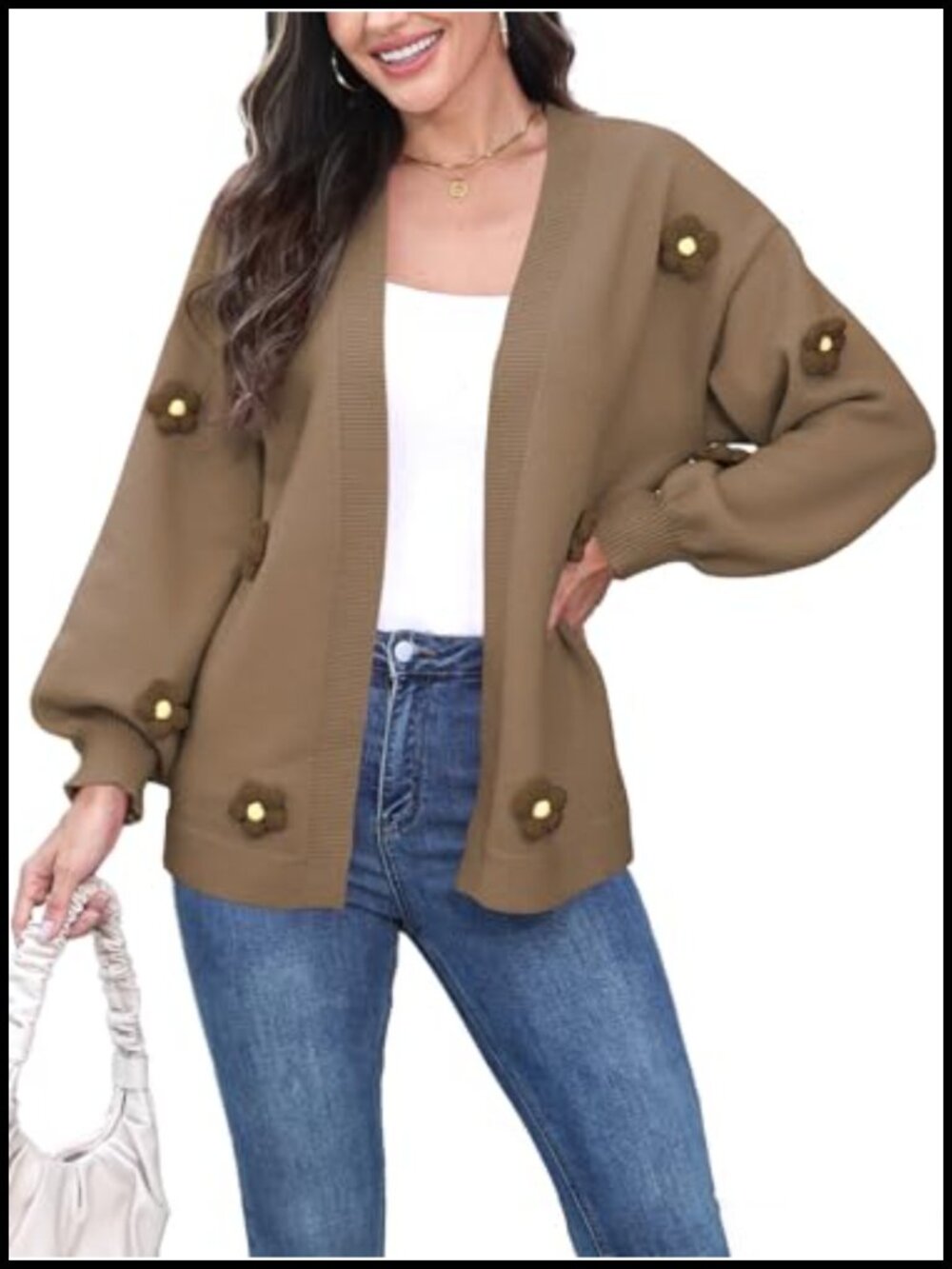 3D Floral Knit Cardigan Open Front Long Sleeve Crochet Sweater